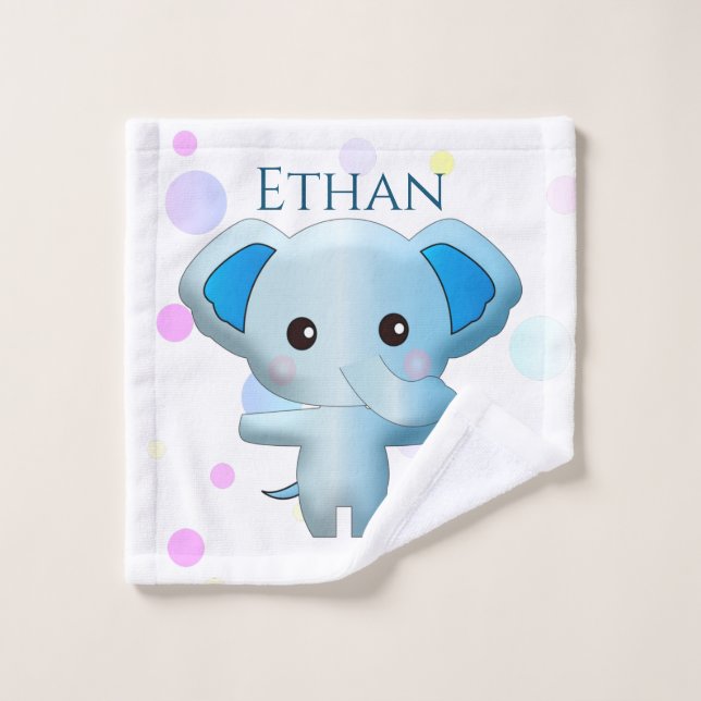 Cute Little Blue Boy Elephant Bath Towel Set (Wash Cloth)