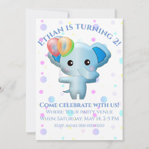 Cute Little Blue Boy Elephant Birthday Invitation