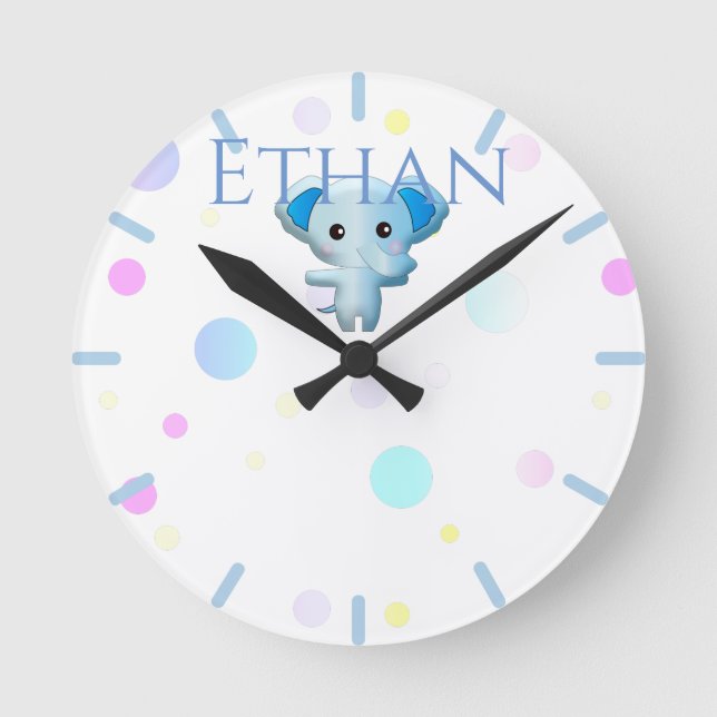 Cute Little Blue Boy Elephant Round Clock (Front)