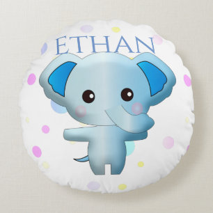 Cute Little Blue Boy Elephant Round Pillow