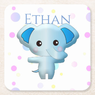 Cute Little Blue Boy Elephant Square Paper Coaster