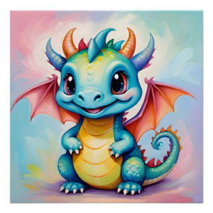 Cute little blue dragon poster