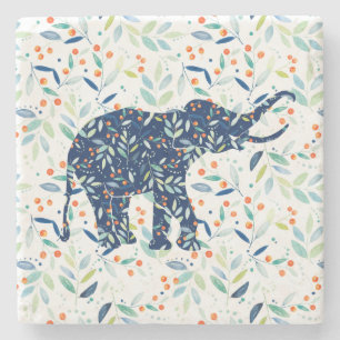 Cute Little Blue Elephant Botanical Watercolors Stone Coaster