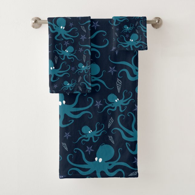 Cute Little Blue Octopus Bath Towel Set (Insitu)