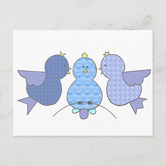 Cute Little Blue Pattern Birds with a Secret Postcard (Front)