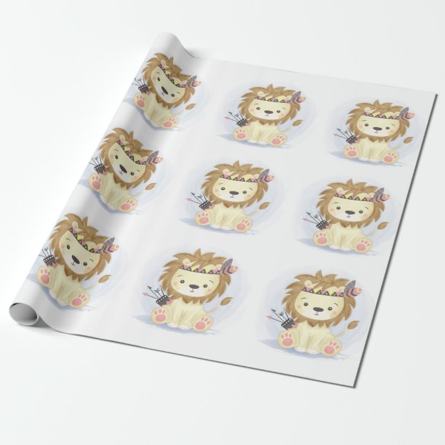 Cute Little Boho Lion Baby Boy Shower Wrapping Paper (Unrolled)