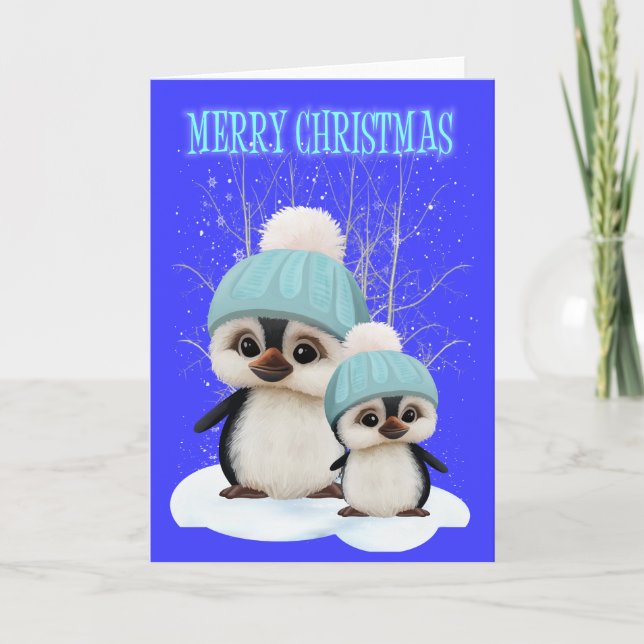 Cute Little Boy Christmas Penguins Holiday Card (Front)