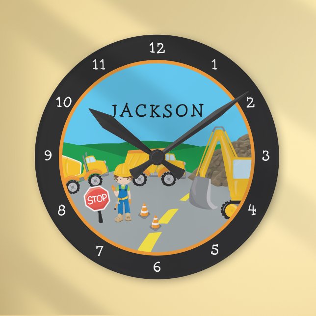 Cute Little Boy Construction Vehicle Monogrammed 2 Round Clock (Creator Uploaded)