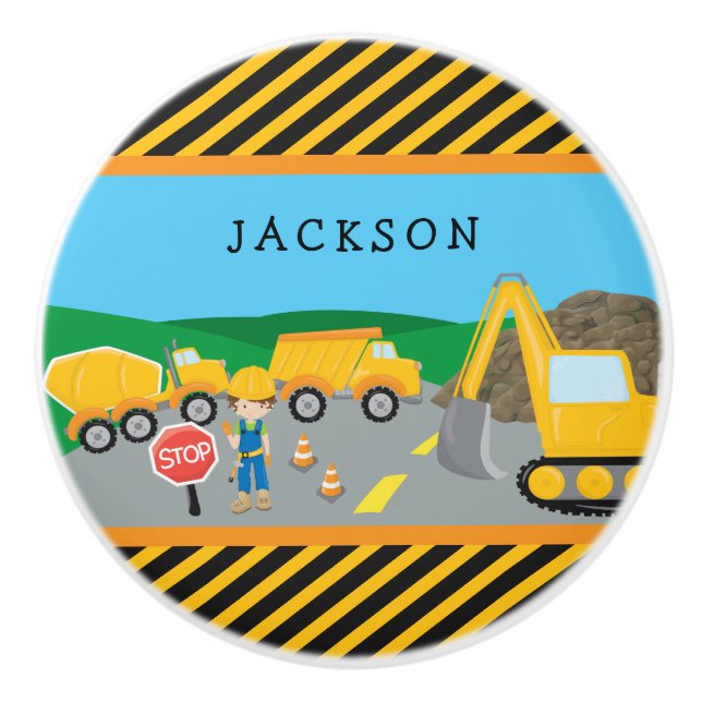 Cute Little Boy Construction Vehicle Monogrammed Ceramic Knob (Front)