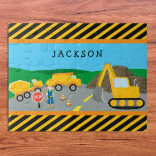 Cute Little Boy Construction Vehicle Monogrammed Jigsaw Puzzle