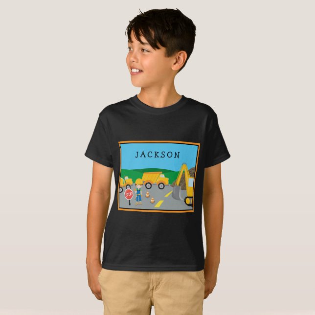 Cute Little Boy Construction Vehicle Monogrammed T-Shirt (Front Full)
