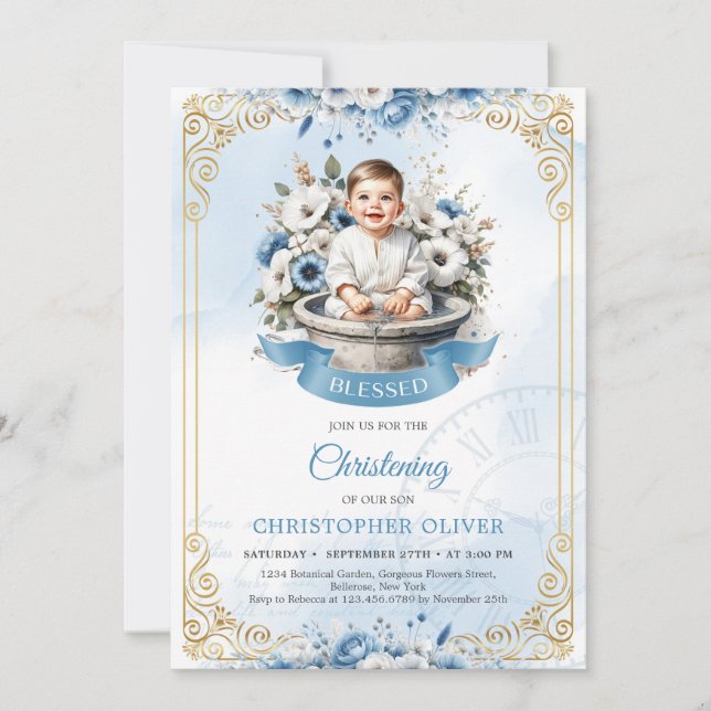 Cute little boy dusty blue flowers gold frame invitation (Front)