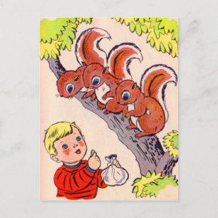 cute little boy feeds cute little squirrels postcard