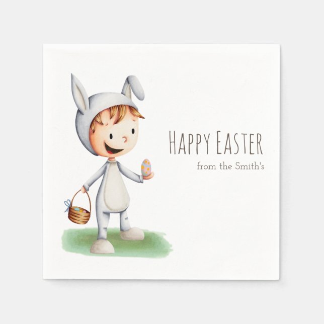 Cute Little Boy in Easter Costume Egg Hunt Custom Napkin (Front)