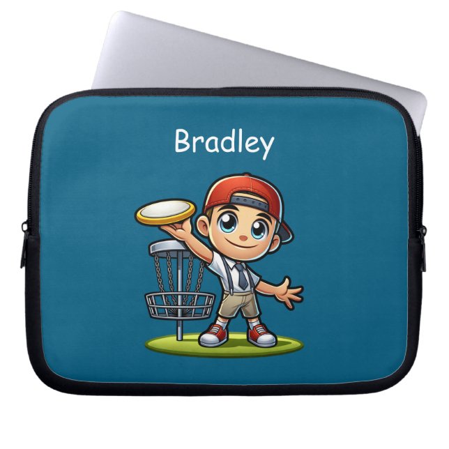 Cute Little Boy Playing Disc Golf Personalized Laptop Sleeve (Front)