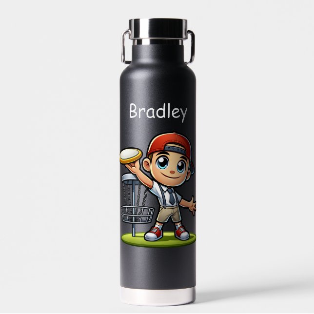 Cute Little Boy Playing Disc Golf Personalized Water Bottle (Front)