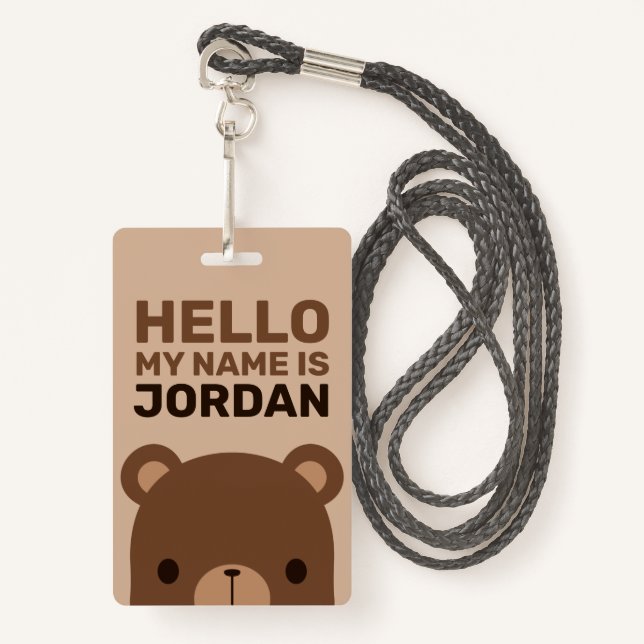 Cute Little Brown Bear with Personalized Name Badge (Front with Lanyard)