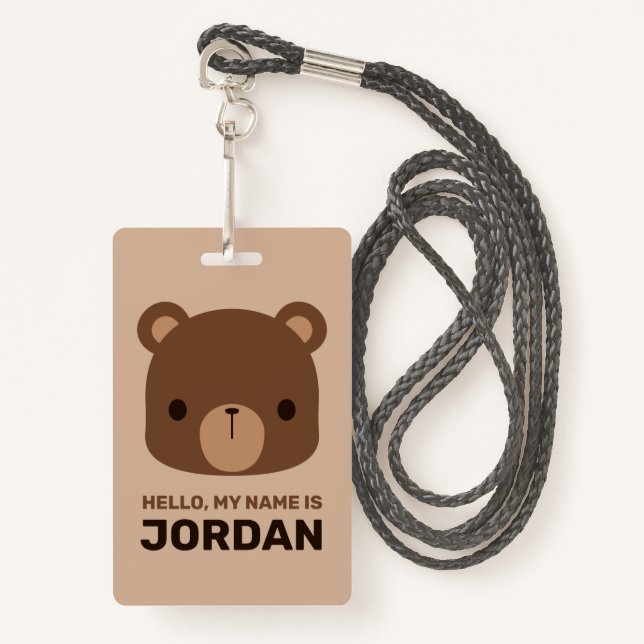 Cute Little Brown Bear with Personalized Name Badge (Front with Lanyard)