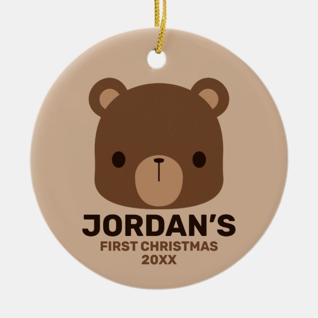 Cute Little Brown Bear with Personalized Name Ceramic Ornament (Front)