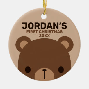 Cute Little Brown Bear with Personalized Name Ceramic Ornament