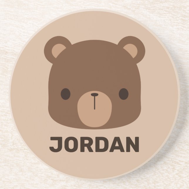 Cute Little Brown Bear with Personalized Name Coaster (Front)