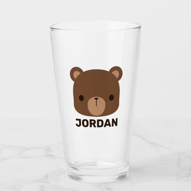 Cute Little Brown Bear with Personalized Name Glass (Front)