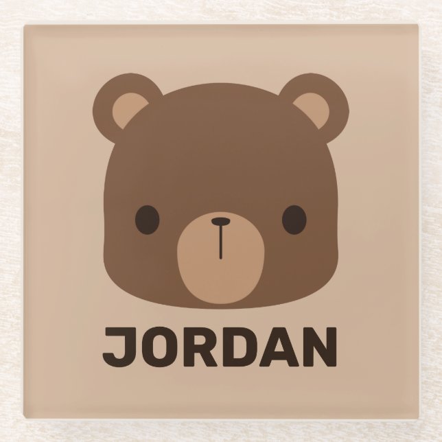 Cute Little Brown Bear with Personalized Name Glass Coaster (Front)