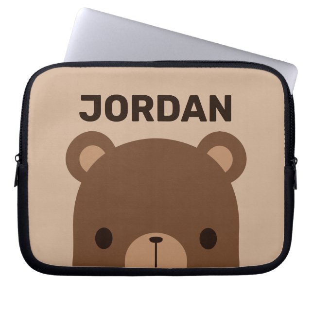 Cute Little Brown Bear with Personalized Name Laptop Sleeve (Front)