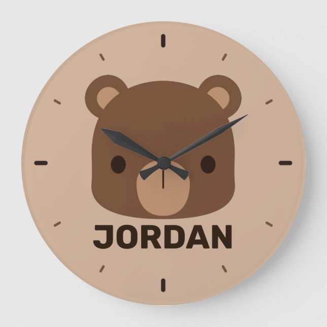 Cute Little Brown Bear with Personalized Name Large Clock (Front)