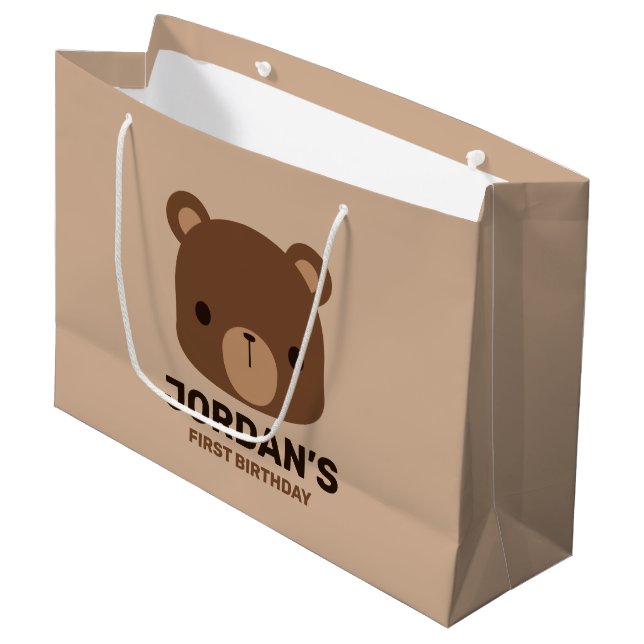 Cute Little Brown Bear with Personalized Name Large Gift Bag (Front Angled)
