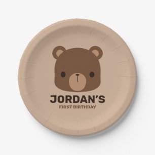 Cute Little Brown Bear with Personalized Name Paper Plate