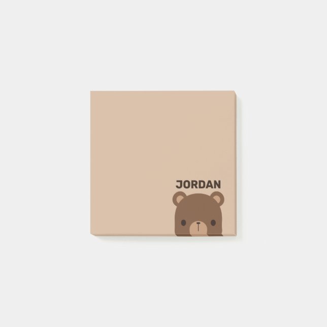 Cute Little Brown Bear with Personalized Name Post-it Notes (Front)