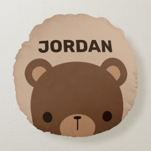 Cute Little Brown Bear with Personalized Name  Round Pillow