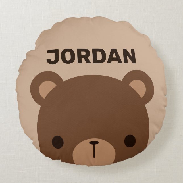 Cute Little Brown Bear with Personalized Name  Round Pillow (Front)