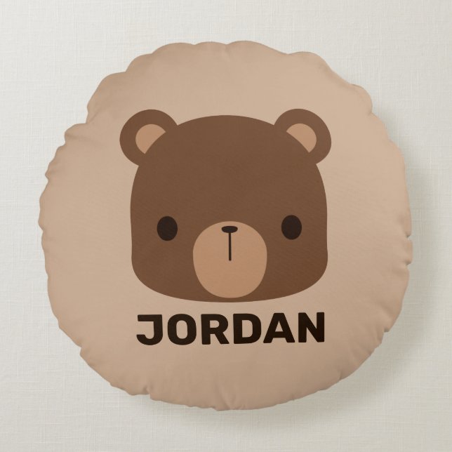 Cute Little Brown Bear with Personalized Name Round Pillow (Front)