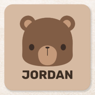 Cute Little Brown Bear with Personalized Name Square Paper Coaster