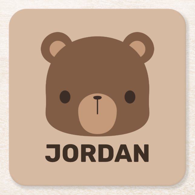 Cute Little Brown Bear with Personalized Name Square Paper Coaster (Front)