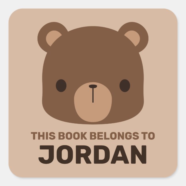 Cute Little Brown Bear with Personalized Name Square Sticker (Front)