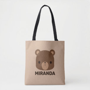 Cute Little Brown Bear with Personalized Name Tote Bag