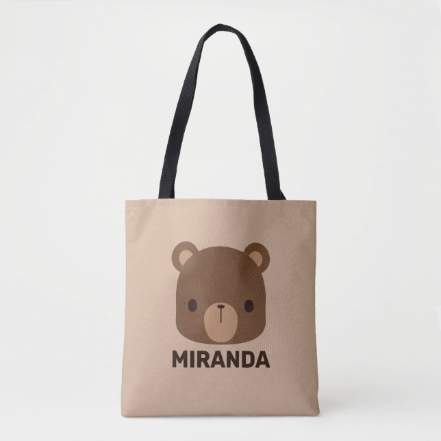 Cute Little Brown Bear with Personalized Name Tote Bag (Front)