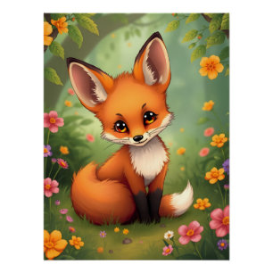 Cute little brown fox in forest poster