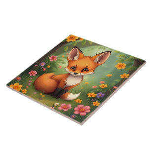 Cute little brown fox in forest tile