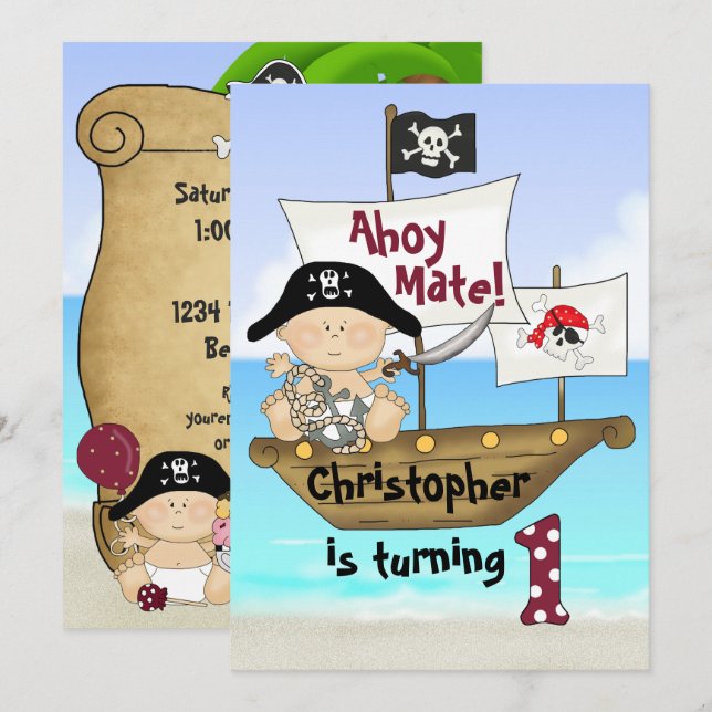 Cute Little Buccaneer ~ Pirate 1st Birthday Invitation (Front/Back)