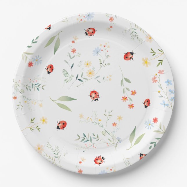 Cute Little Bug Summer Floral Baby Shower Paper Plate (Front)