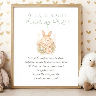 Cute Little Bunny Baby Shower Late Night Diapers Poster