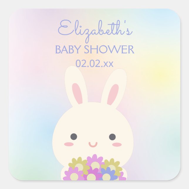 Cute Little Bunny & Flowers Baby Girl Shower Party Square Sticker (Front)