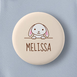 Cute Little Bunny Peeking above Custom Name Beige 2 Inch Round Button