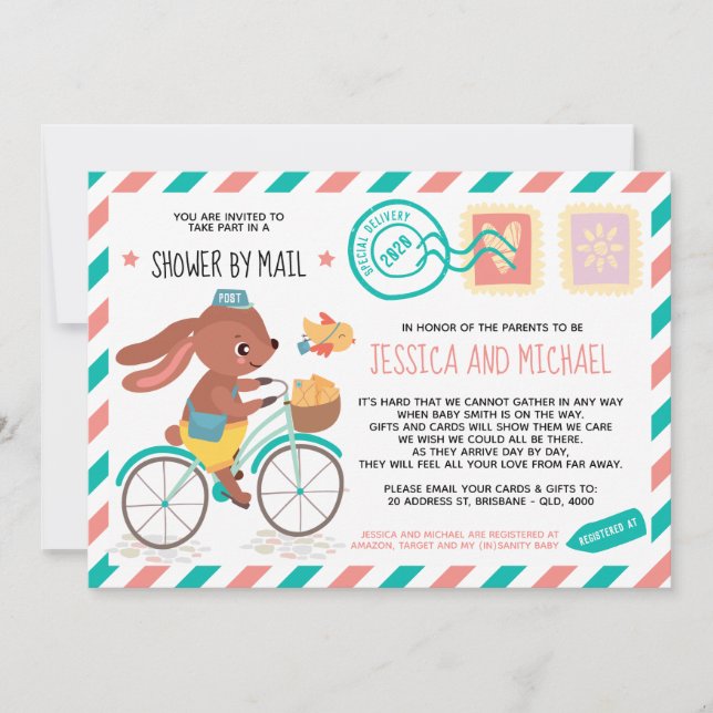 Cute Little Bunny Postman | Baby Shower By Mail Invitation (Front)