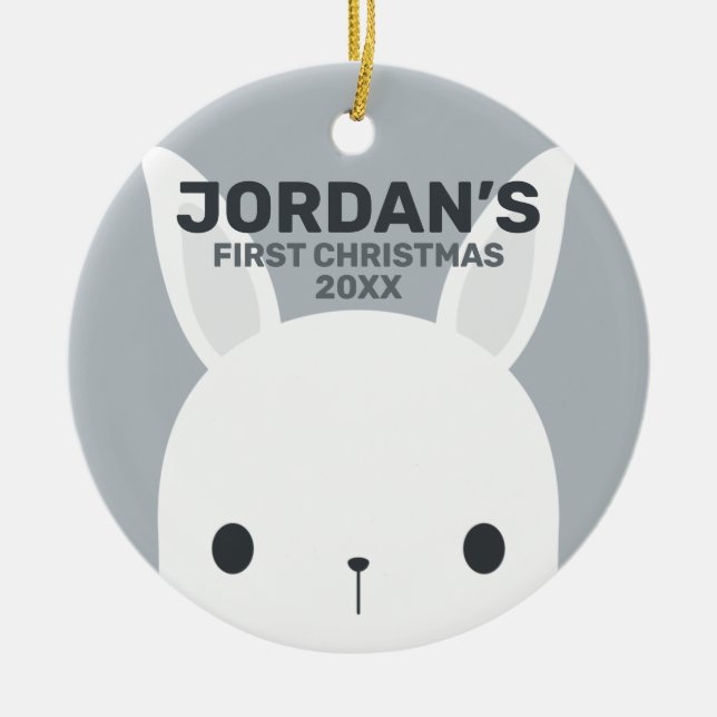 Cute Little Bunny Rabbit First Christmas Ceramic Ornament (Front)