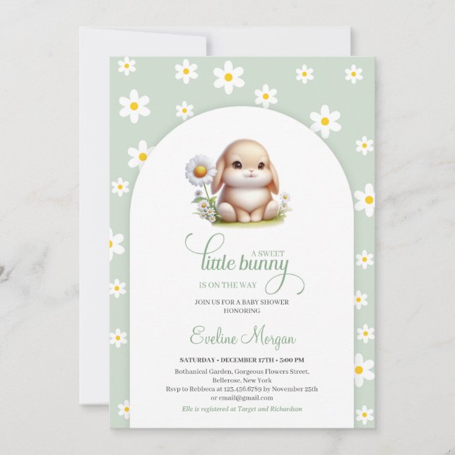 Cute little bunny with daisy spring gender neutral invitation (Front)